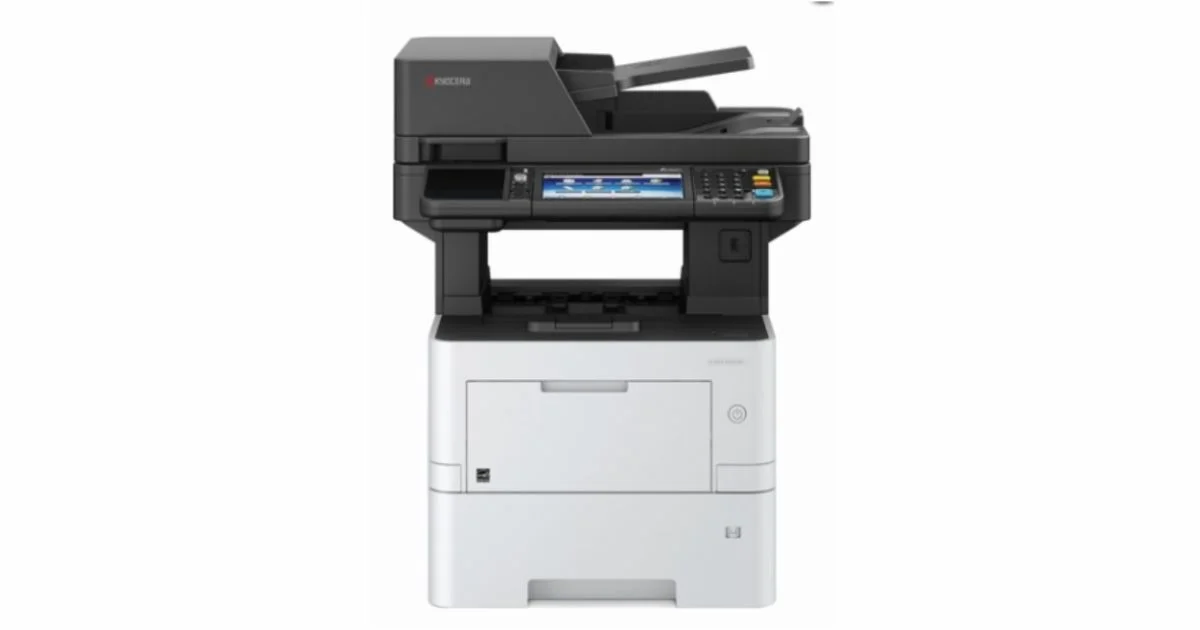Office printer and copier machine on white background.